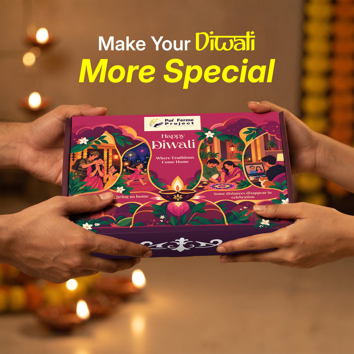 Puŕ Ferme Project Diwali Gift Box – Millet & Oats Cookies, Diyas & Greeting Card