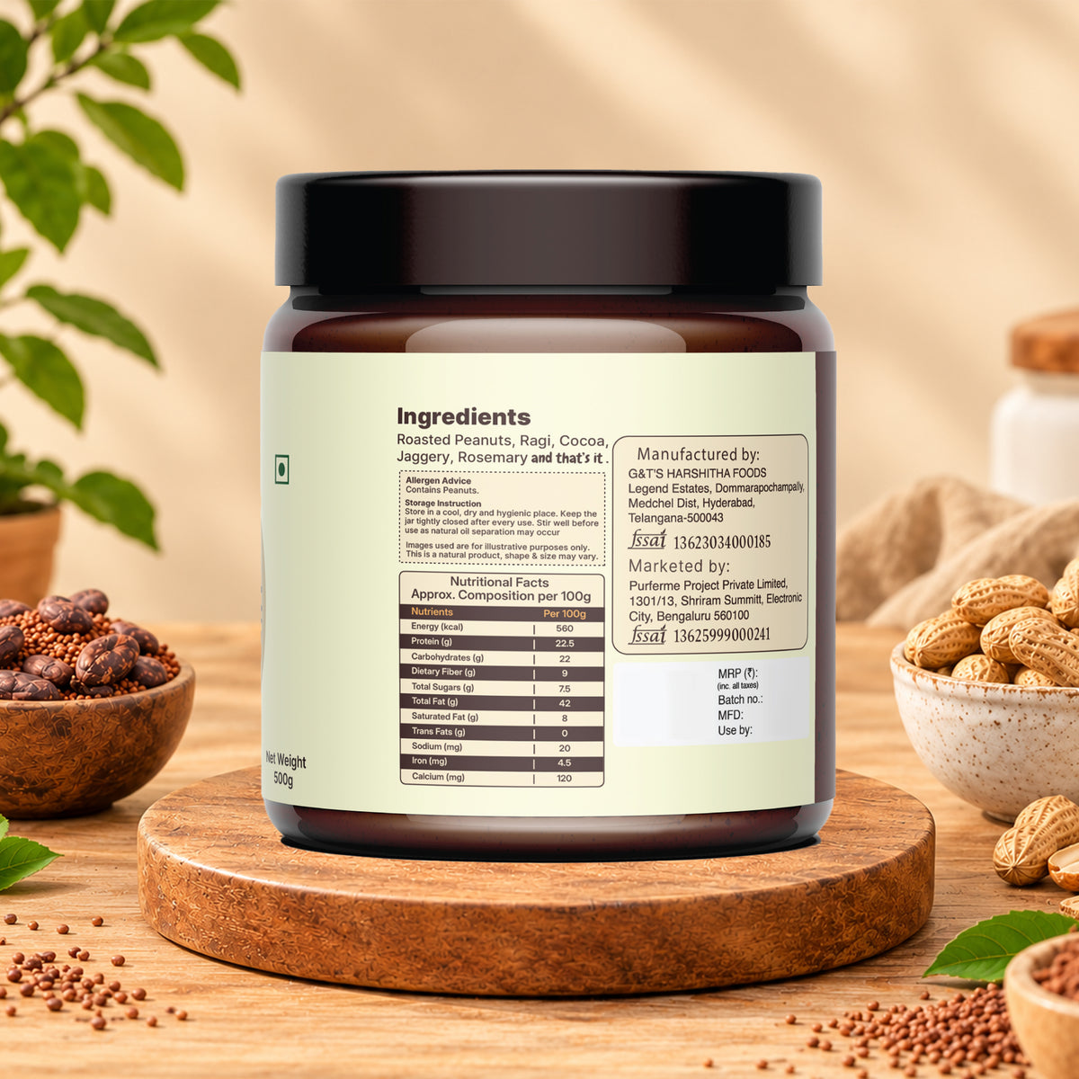 Puŕ Peanut Butter – Ragi & Cocoa with Jaggery | Crunchy (500g)