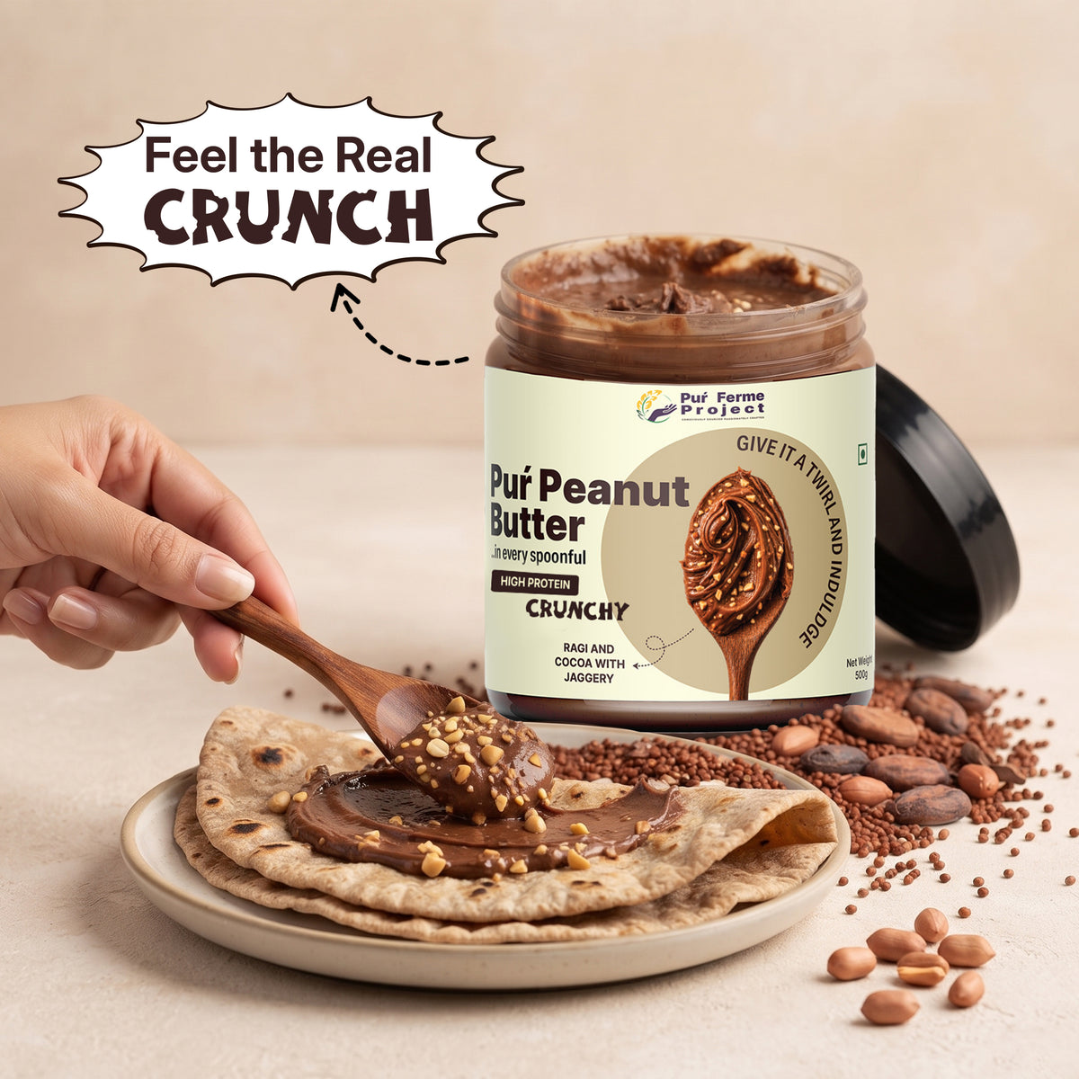 Puŕ Peanut Butter – Ragi & Cocoa with Jaggery | Crunchy (500g)