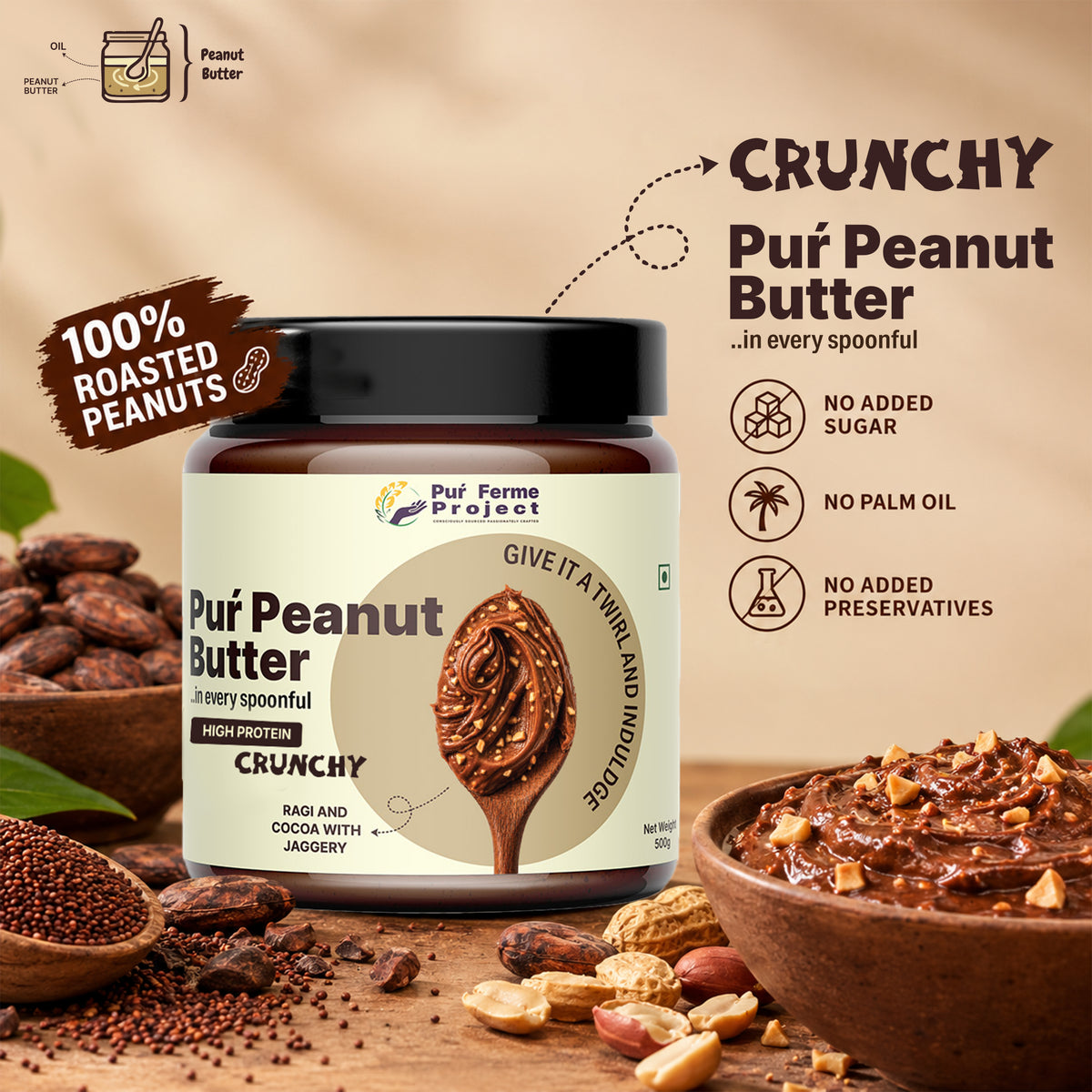 Crunchy Peanut Butter Combo – Unsweetened + Ragi Cocoa (2 × 500 g)