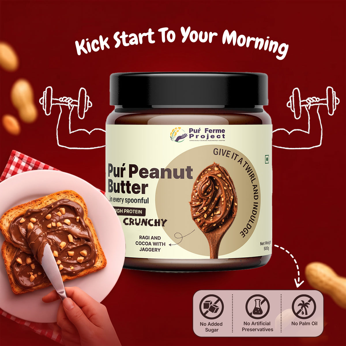 Puŕ Peanut Butter – Ragi & Cocoa with Jaggery | Crunchy (500g)