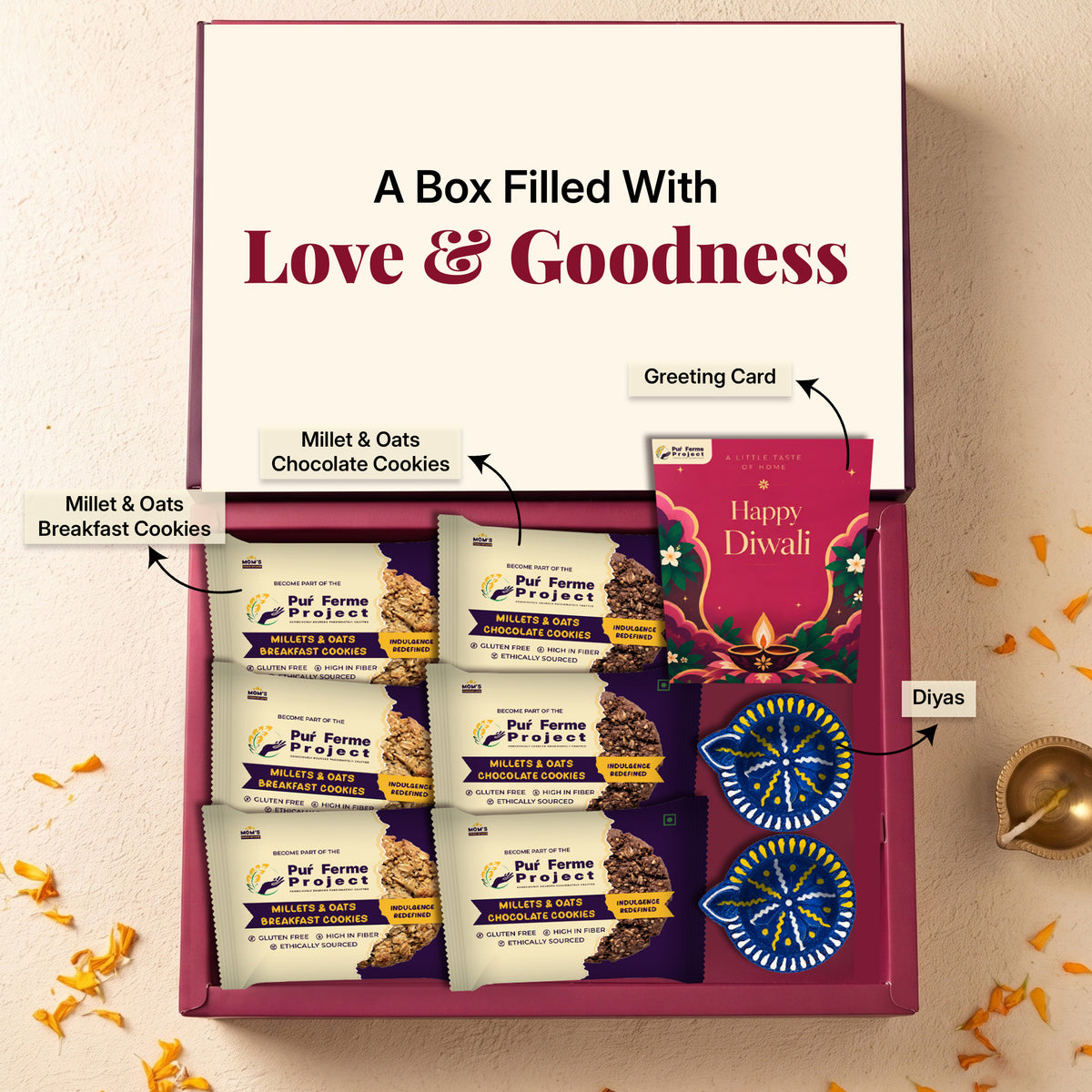 Puŕ Ferme Project Diwali Gift Box – Millet & Oats Cookies, Diyas & Greeting Card