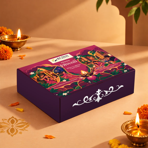 Puŕ Ferme Project Diwali Gift Box – Millet & Oats Cookies, Diyas & Greeting Card