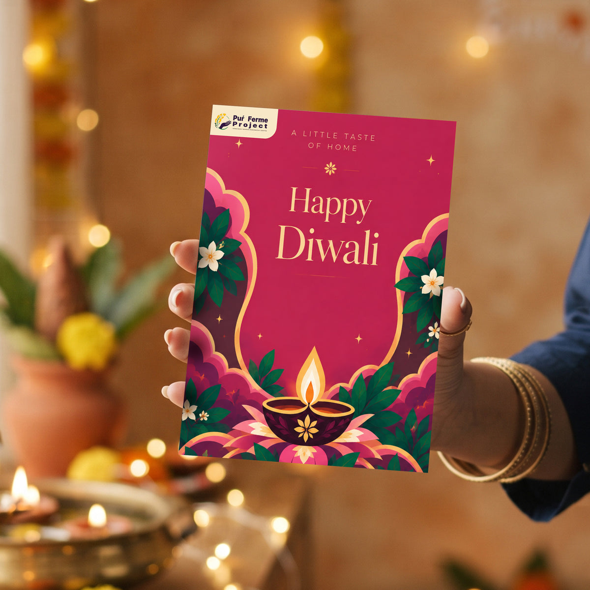 Puŕ Ferme Project Diwali Gift Box – Millet & Oats Cookies, Diyas & Greeting Card