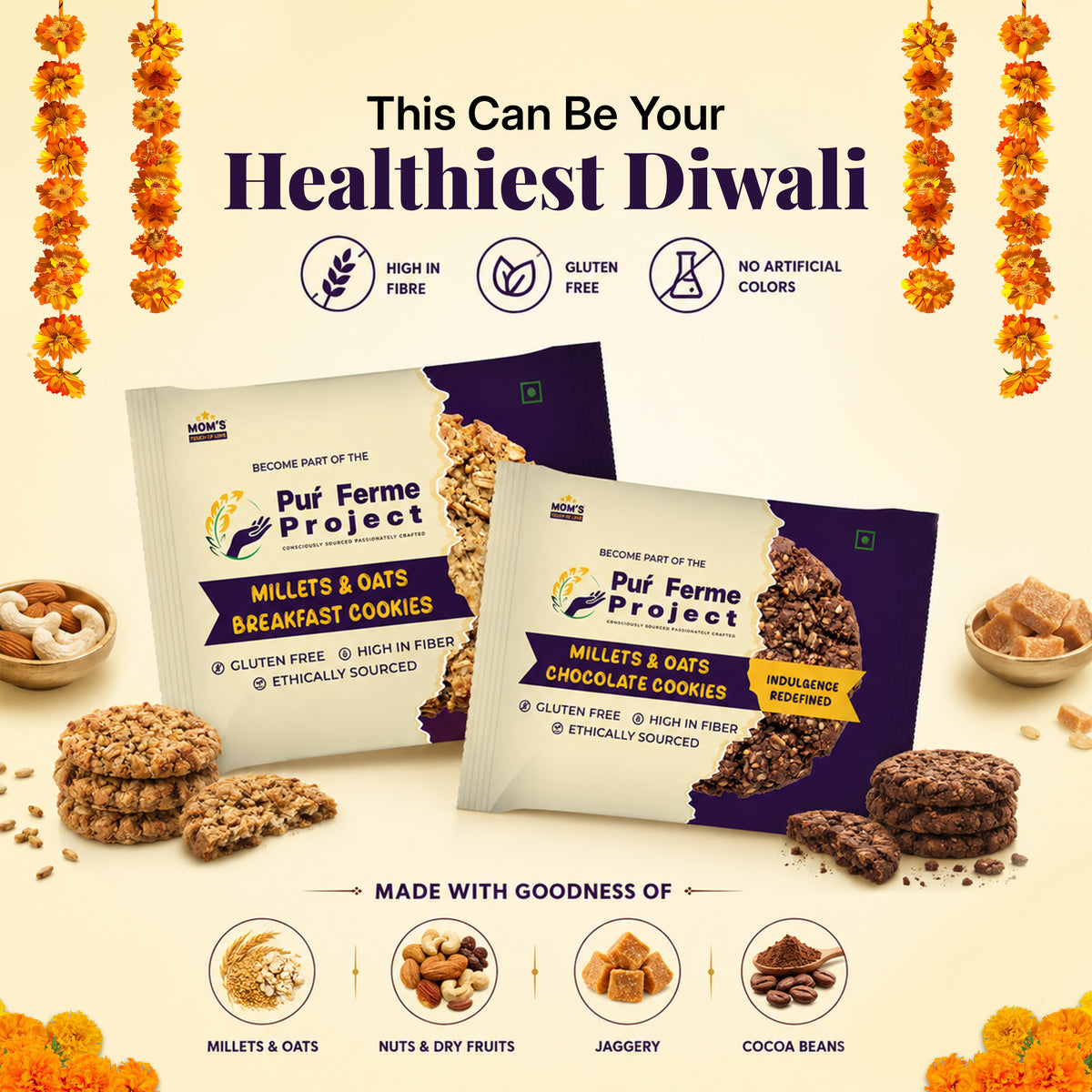 Puŕ Ferme Project Diwali Gift Box – Millet & Oats Cookies, Diyas & Greeting Card