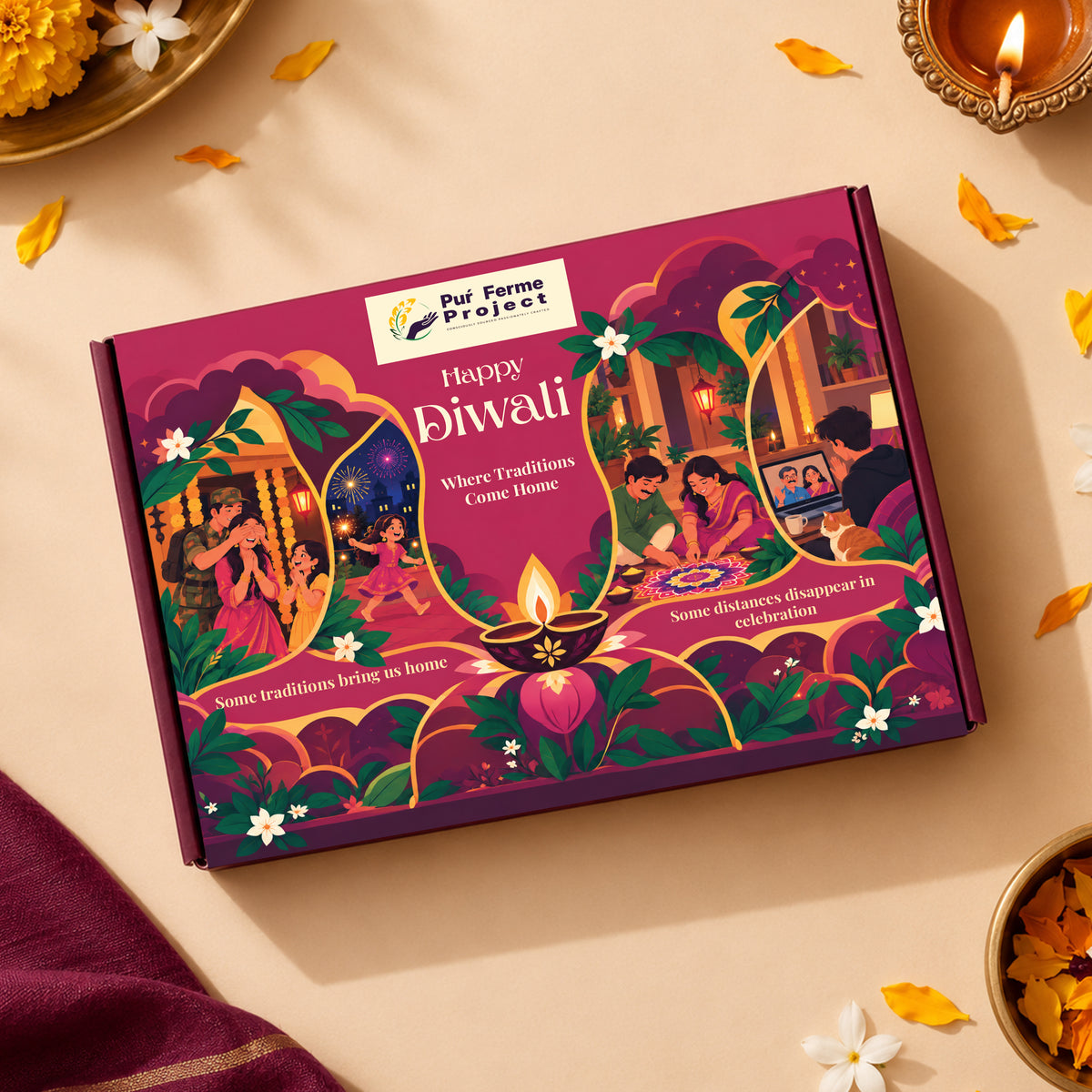 Puŕ Ferme Project Diwali Gift Box – Millet & Oats Cookies, Diyas & Greeting Card