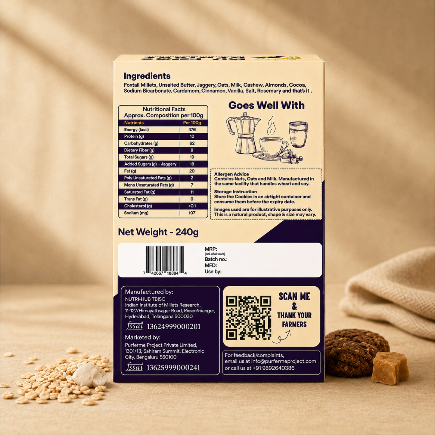 Chocolate Cookies made with Millet & Oats – (12 Cookies, 240g)
