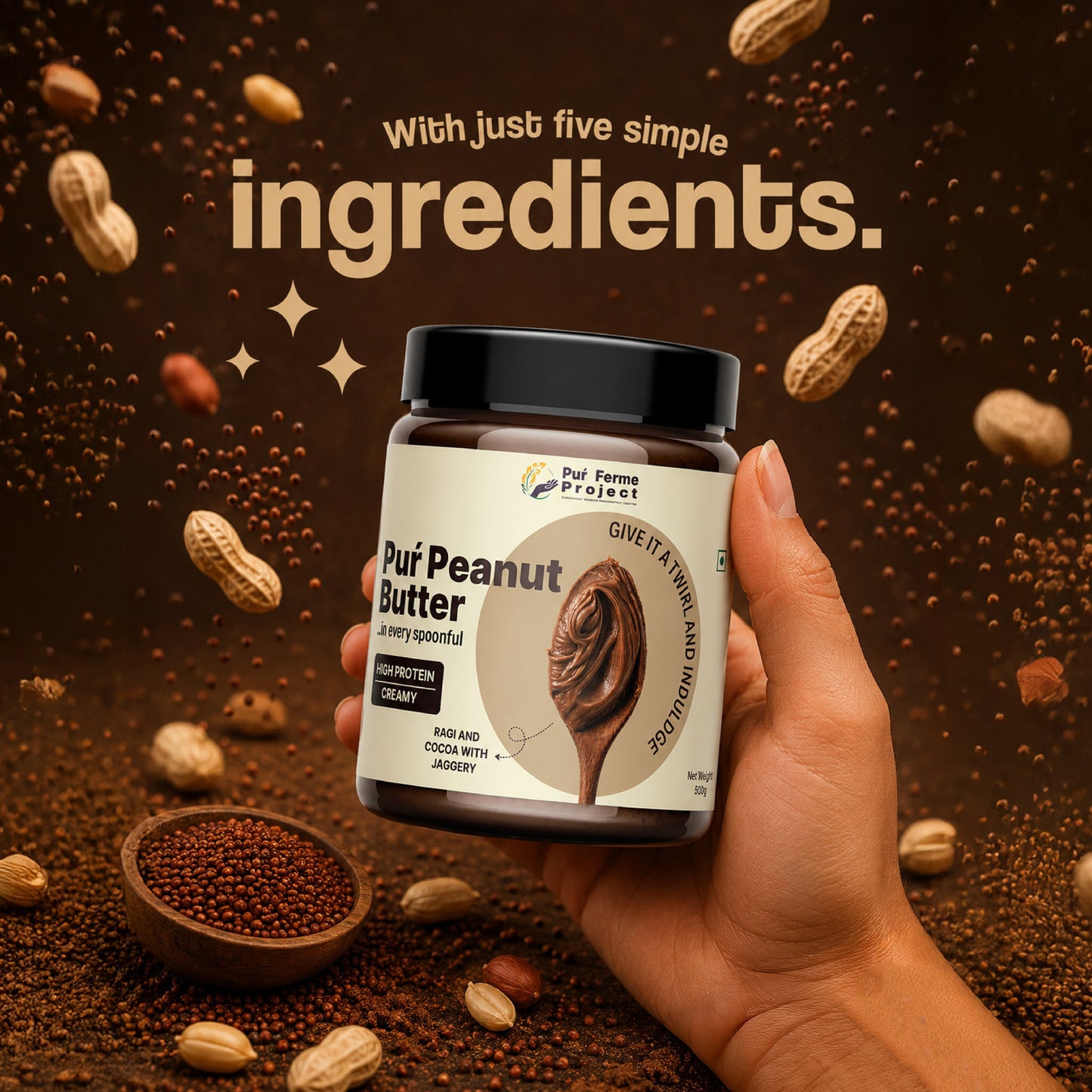 Ragi & Cocoa Peanut Butter - Sweetened with Jaggery & Creamy (500g)