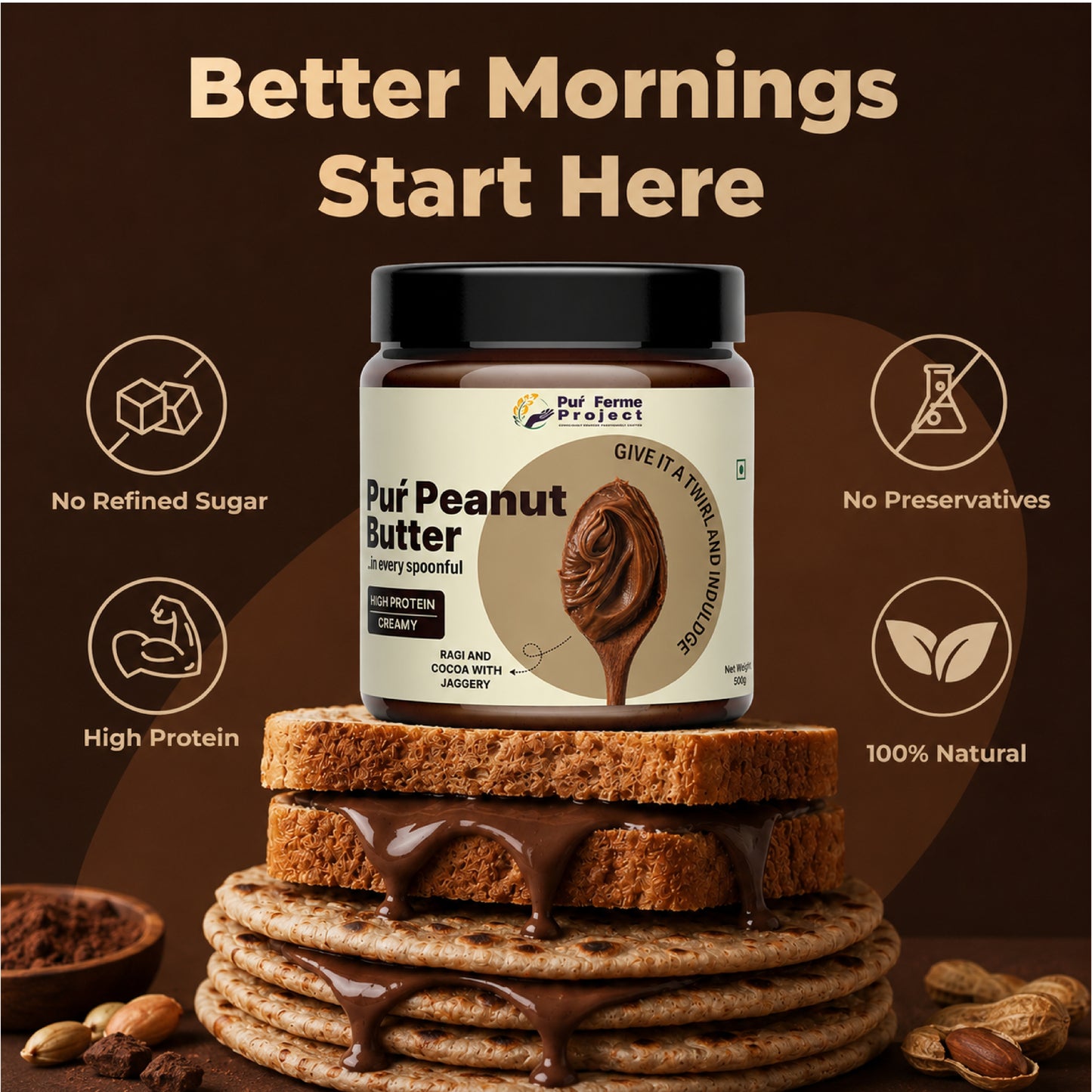 Ragi & Cocoa Peanut Butter - Sweetened with Jaggery & Creamy (500g)