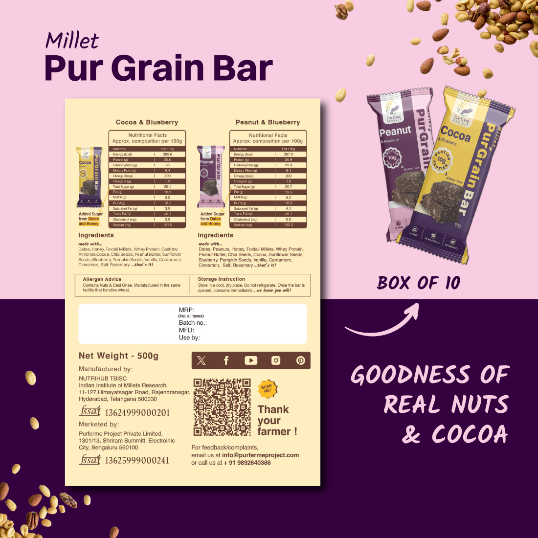 Millet PuŕGrain Bar Combo – 10g Protein (10 Bars, 2 Variants) | Puŕ Fermé Project