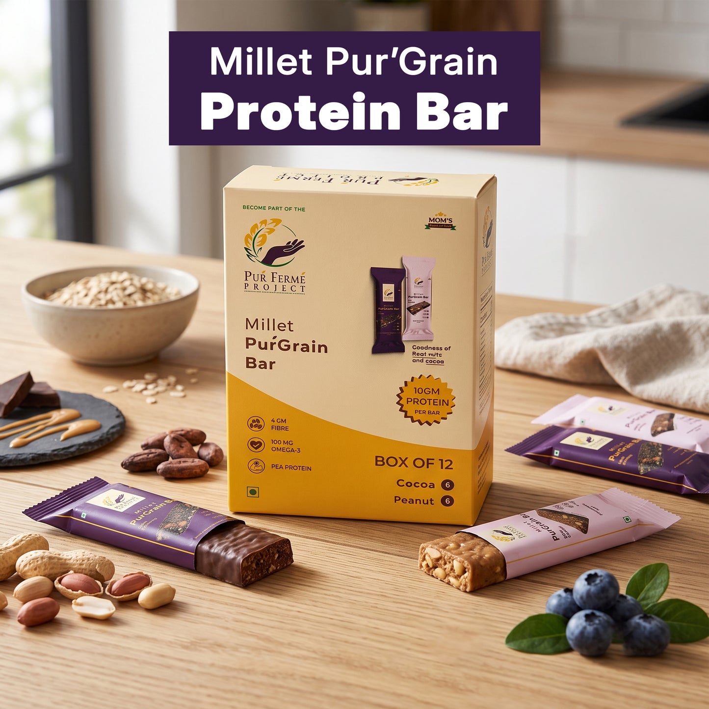 Millet PuŕGrain Bar Combo – 10g Protein (12 Bars, 2 Variants)