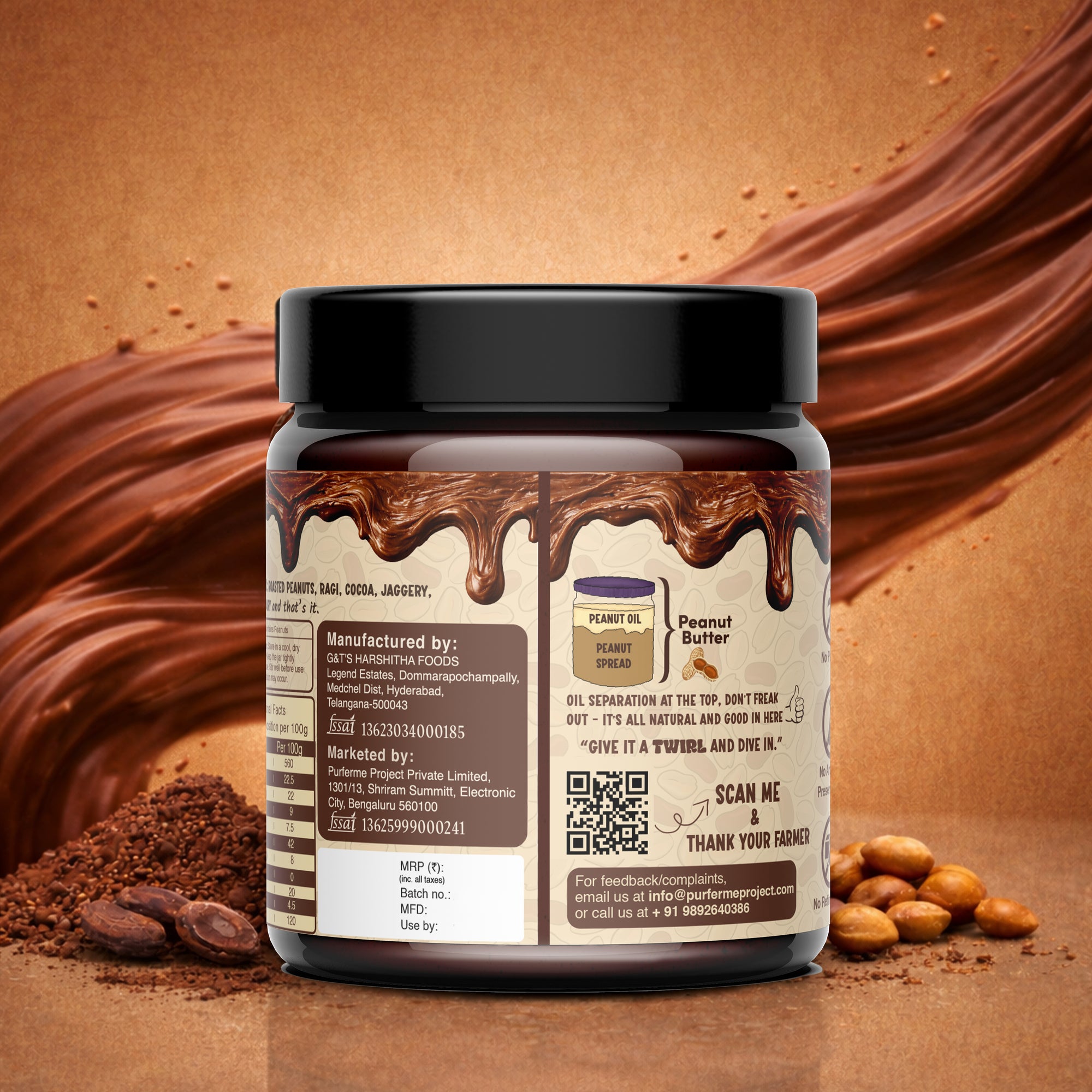 Ragi & Cocoa Peanut Butter - Sweetened with Jaggery & Creamy (500g)