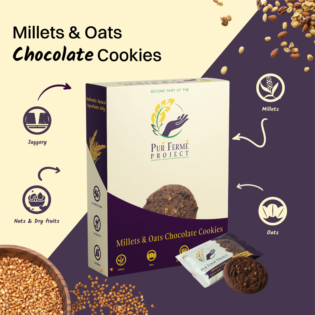 Millet & Oats Chocolate Cookies – (12 Cookies, 240g) | Puŕ Fermé Project
