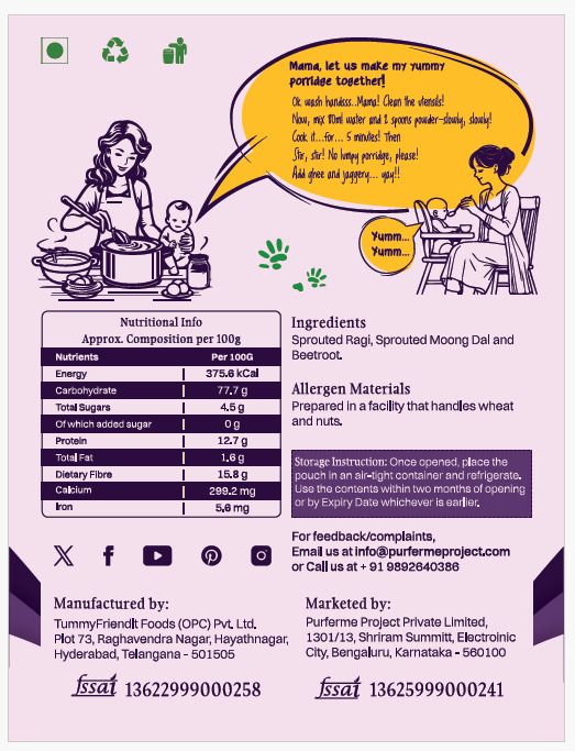 PurFerme Sunrise Bowl Sprouted Ragi Porridge – Beetroot & Sweet Potato (1+1 Free)