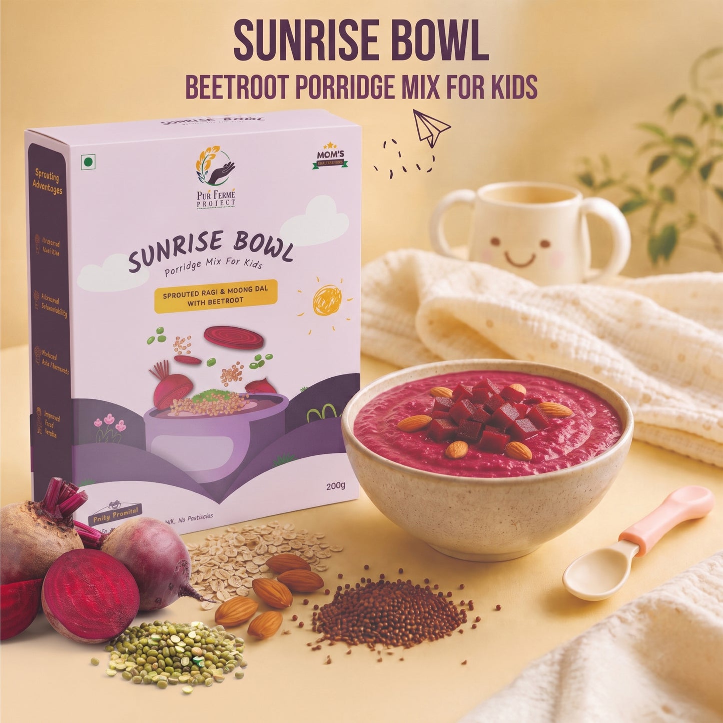 Sunrise Bowl – Sprouted Ragi & Moong Dal with Beetroot Porridge Mix for Kids