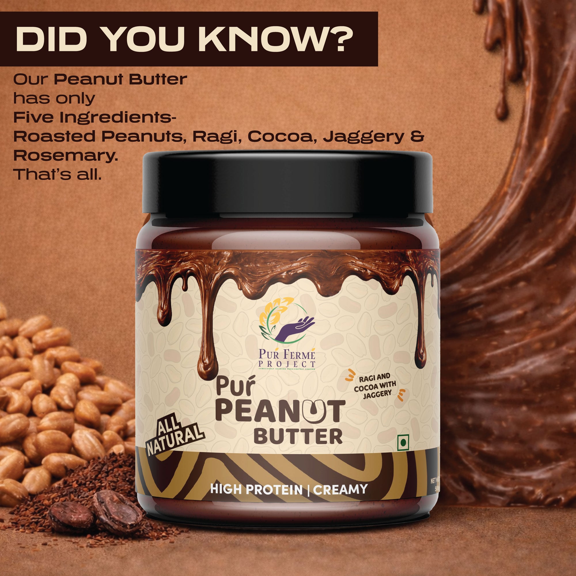 Ragi & Cocoa Peanut Butter - Sweetened with Jaggery & Creamy (500g)